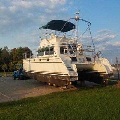 PDQ 36 Power Catamaran with 16' 10" beam safely laid up for the season