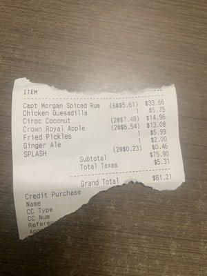 Receipt with prices. We only had 1 "double" ciroc.