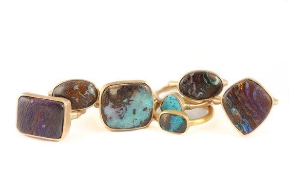 Gold Boulder Opal rings with Bamboo Band by Lori Leven