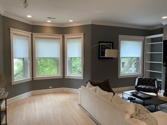 Roller shades in classic white, easy to operate, beautifully filter light and provide street-level privacy.