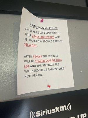 Vehicle pick up policy