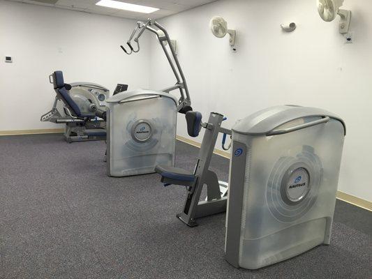 Medical grade Leg Press, Lat Pulldown and Rowing machine in the Bangor studio.