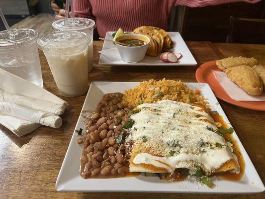 Veggie Enchilada, Birria Tacos with Consom (order of 3), Empanadas (Order of 3)