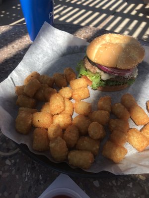 Tater tots and pepper jack burger.