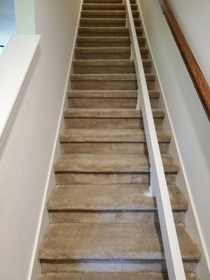 Nov 2020: Such a difference-- clean stairs! (The pre-existing rail is for a chair lift-- in case Mum moved in.)