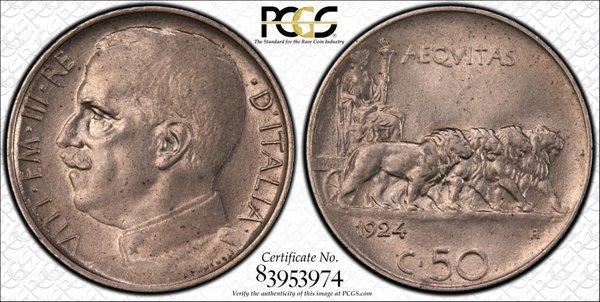 1924-R Italy 50 Cent Piece, Low mint year and good condition makes it more valuable.