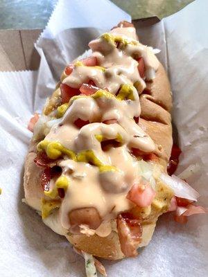 The France 4 - hot dog w/ yellow mustard, thousand island dressing, onions, beer cheese, bacon & tomatoes + side (cole slaw) $8 July 2021