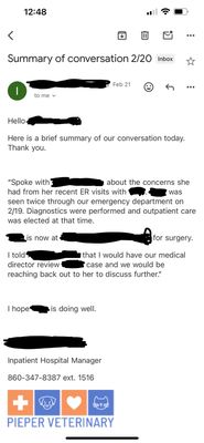 The email I insisted on having for proof of conversation that the manager said she would submit a report to the medical director.