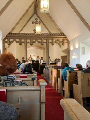 The bell choir playing on Sunday morning.