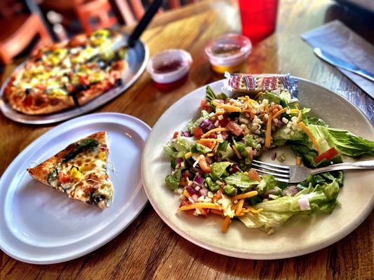 Small Greek Pizza with a Small Salad! Love the 1 slice lunch special but for a little bit more, I have leftovers! Yummy!