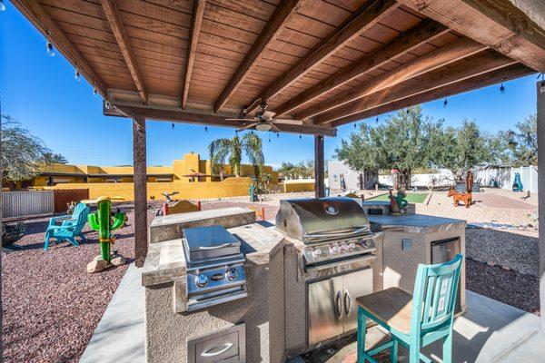 Ramada with large grill, mini-fridge and two side burners.