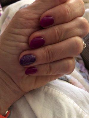 My shellac acrylic manicure in new fall purple color with sparkle purple on my ring finger- beautiful