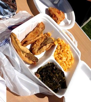 Fried fish in from Brooklyn, mac & cheese, collard greens, fried chicken.