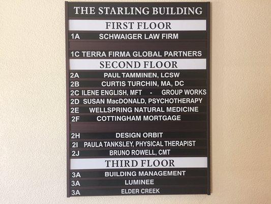 The Starling Building has a variety of businesses and health practitioners. I'm on the second floor.