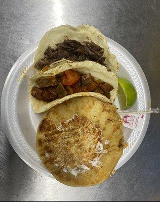 We present you with a gordita de pollo and 2 tacos of barbacoa y pastor.