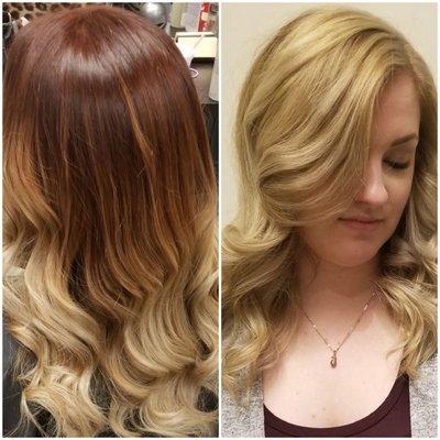 Red balayage back to blonde,  2nd session