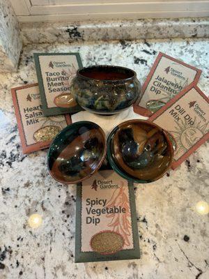 Some artisan dips sand seasonings with my new ceramic finds!