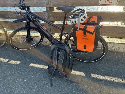 Fully customized thanks to B.I.C. waiting for the ferry.  Rocket bike my Specialized copper colored Tero