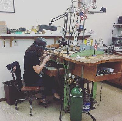 Patti at the jewelers bench.