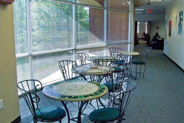 Cafe tables in our Crossroads Cafe.