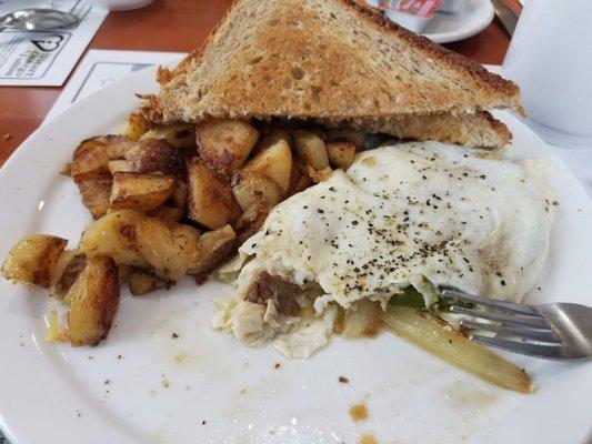 Veggie Omelets with toast and hash browns