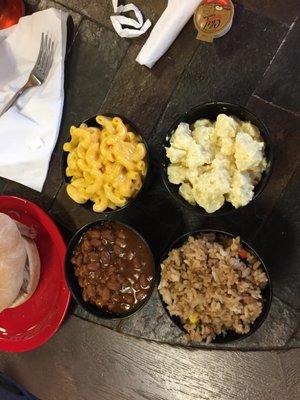 Mac & cheese, potato salad, baked beans, and fried rice