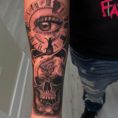 Skull, clock and eye