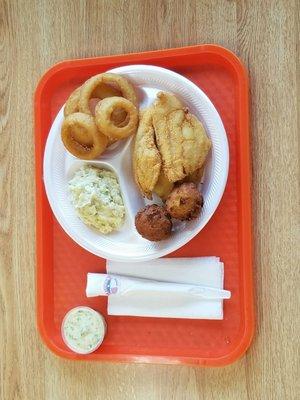 Fish Plate comes with 1/2 pound fish two sides  two hush puppies.