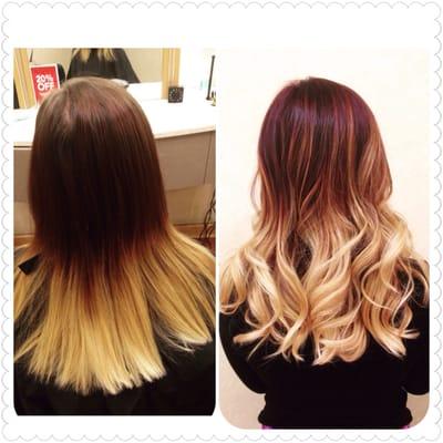 Balayage ombré touch up. Based with a deep red and brought up the blonde and blended the blonde to leave a soft natural ombré.