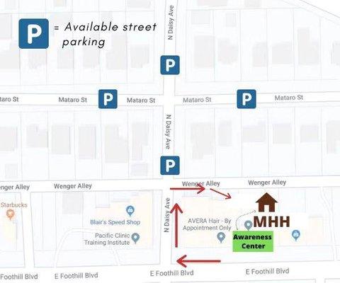 There is plenty of free street parking on Mataro Street and N Daisy Avenue.  The entrance is from Wenger Alley.