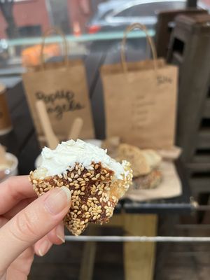 Sesame bag with scallion cream cheese