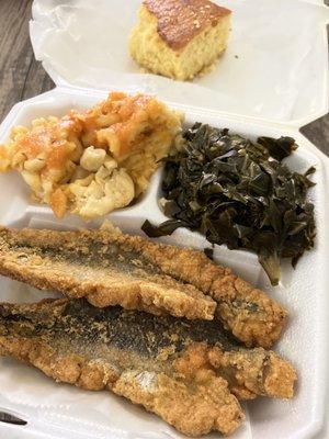 Whiting plate with Mac & Cheese and Collards