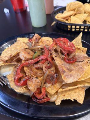 Fajita Nachos with Shrimp (1/2 eaten).