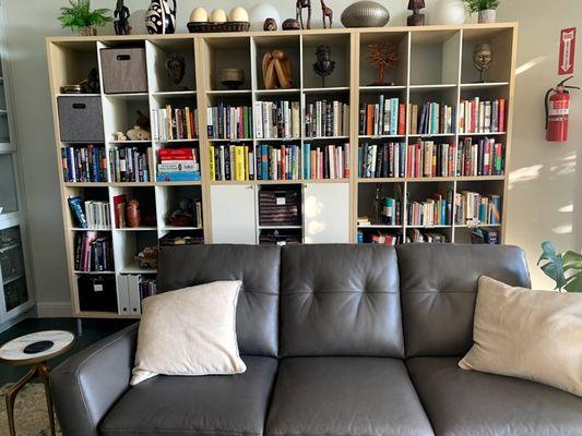 Living room with comfortable space - lots of cool bookshelves all over the place!