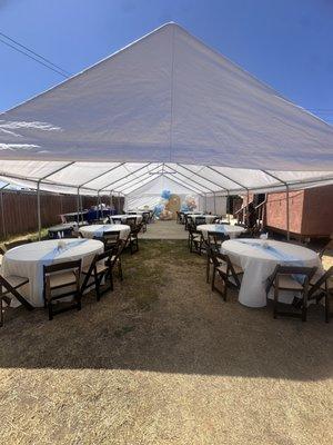 20x40 canopy , round tables, fruitwood chairs .