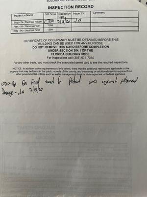 We failed rough electrical inspection due to exposed wiring.  The wiring was never protected and Julio refused to finish the job.