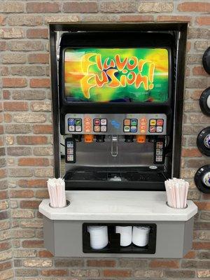 This is the flavor fusion fountain machine with Pepsi and Coke. Added flavors are cherry, vanilla, strawberry, and lemon.