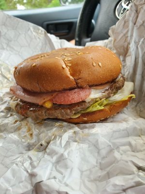 Hamburger with ham and hot dog on it?