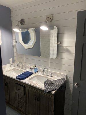 Bathroom Refresh - new mirror, ship lap wall treatment and light fixtures