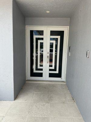 Front door, white/ gray glass with privacy