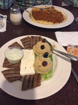 Spaghetti Bolognese & Mediterranean Platter. (Yes, that's hummus, I guess?)