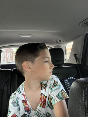 My son's hair cut.