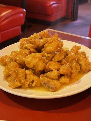 Orange chicken with a side of steamed white rice.