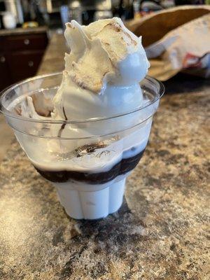 My said the hot fudge was mostly at the bottom but very good.