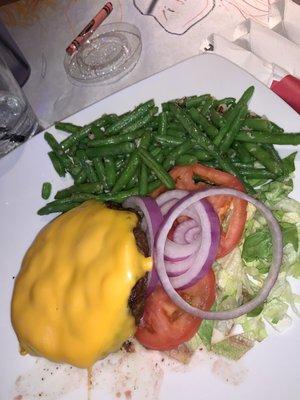 Classic burger with no bun, no mayo. Sub green beans for fries