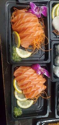 Salmon sashimi and sake Toro sashimi