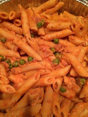 This is always my go to. Penne vodka! It has peas and bacon in a creamy red sauce!