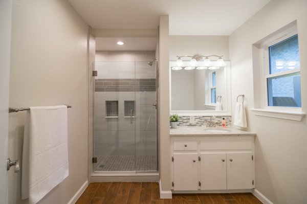 Full Bathroom Remodel.  Enlarge Shower.  Refinish existing hardwood cabinets.