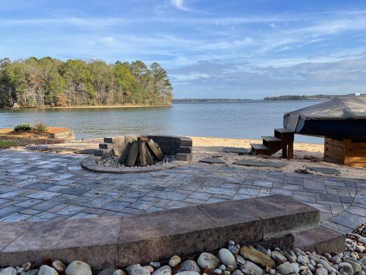 Lake side fire pit, patio and seat wall