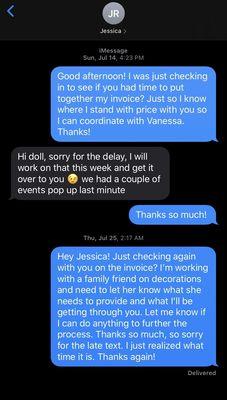 Texts between myself and Jessica, I was left on read or was met with excuses